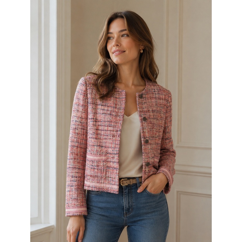 Crazy Horse Liz Claiborne‎ Petite Tweed Blazer Pink Orange Multi Button Jacket S